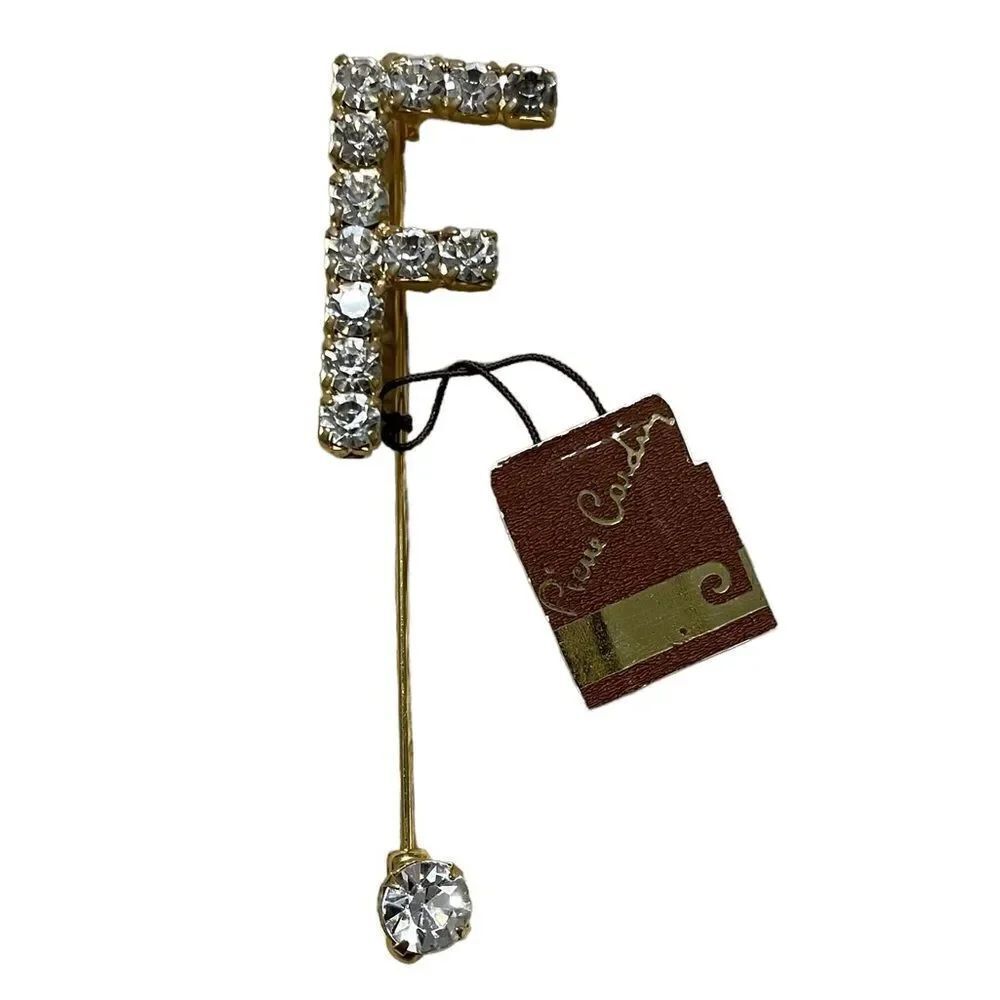 Vintage F initial Gold and Diamanté Pierre Cardin lapel Pin in presentation box
